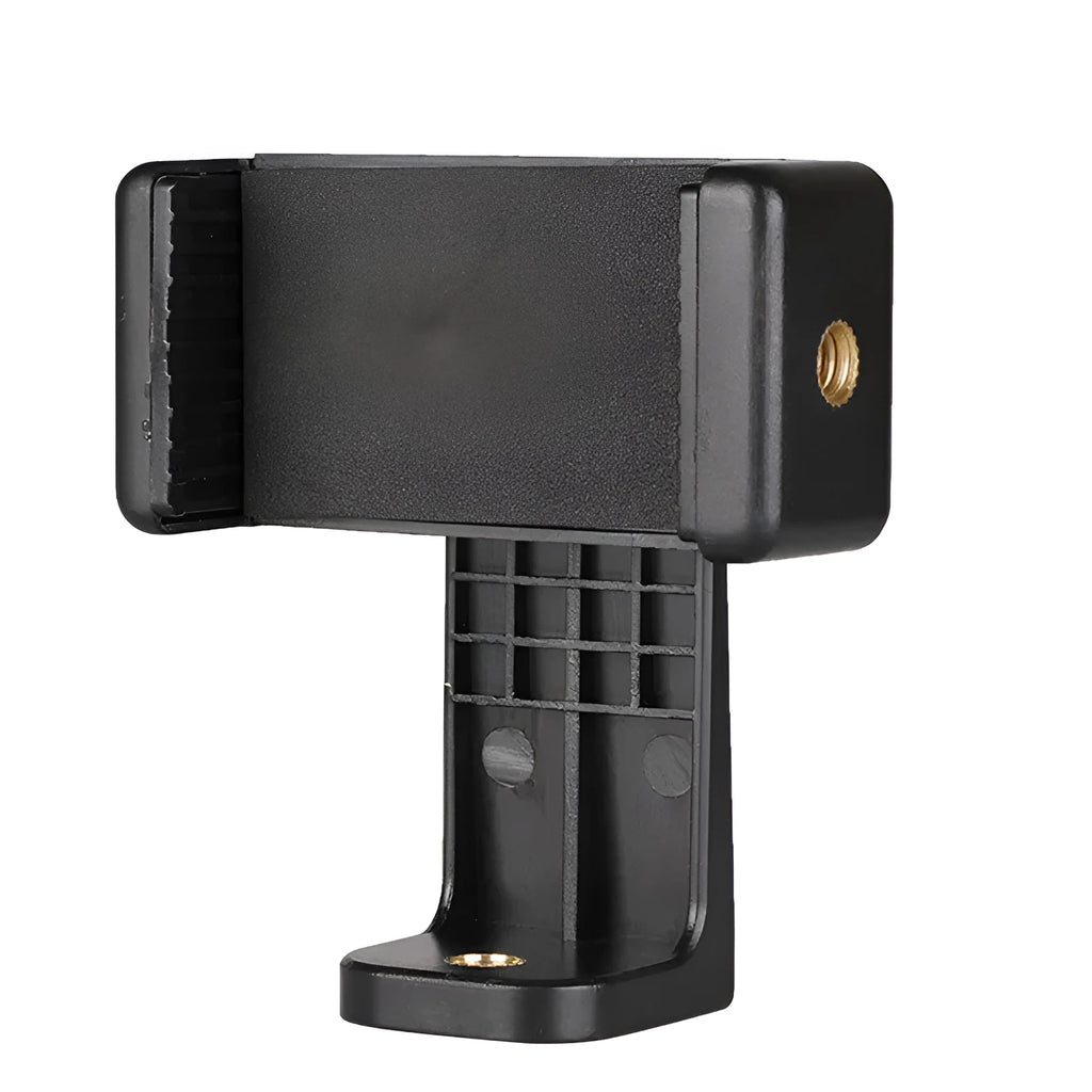 Black plastic single phone holder with rotating clamp on a wooden desk.