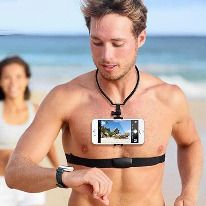 Black wearable phone holder with flexible neck ring shown in use as a hands-free smartphone mount.