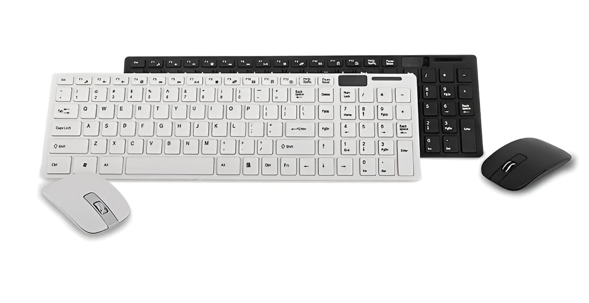 HK-06 wireless keyboard and mouse set in black or white, 2.4GHz with shared USB receiver, keyboard 38.5cm wide, mouse 600-1200 DPI.