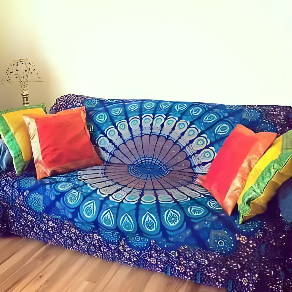 10mm thick TPE yoga mat in blue rolled with carry strap on wooden floor