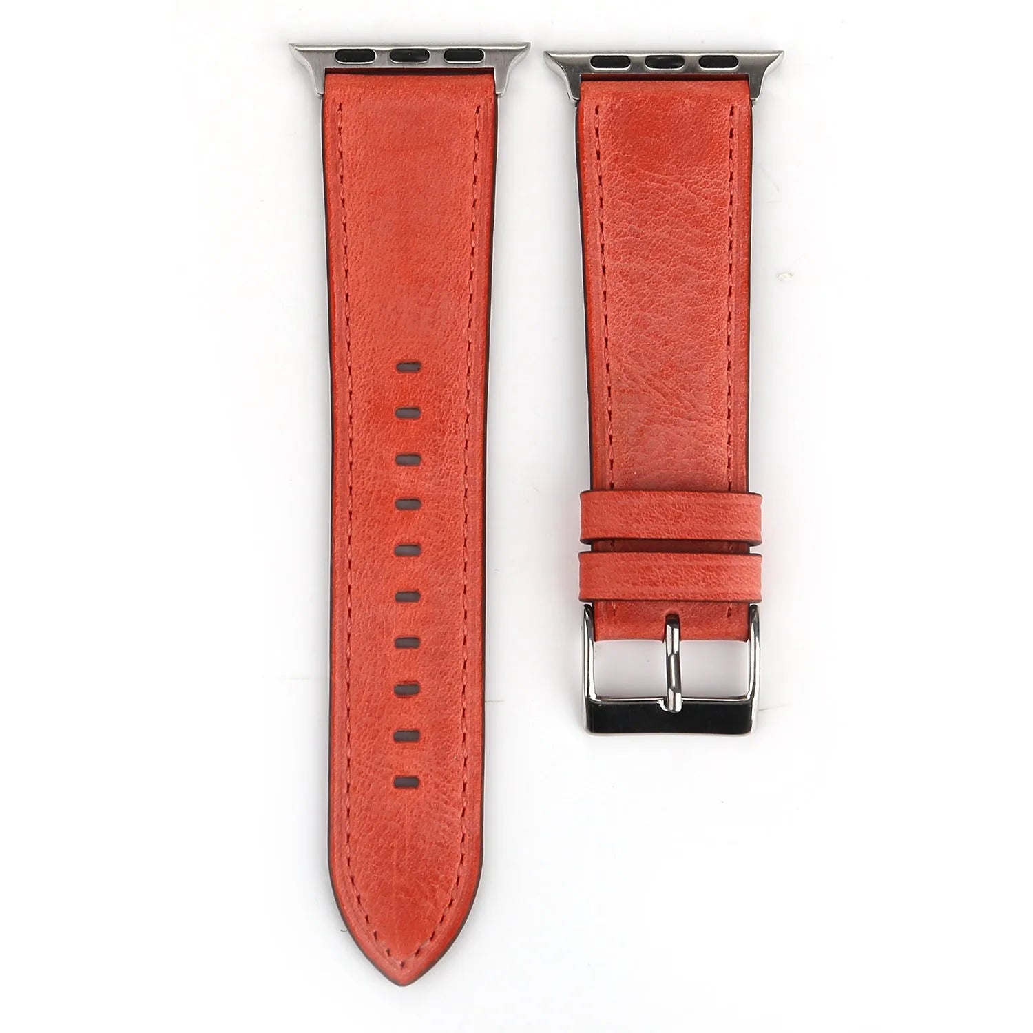 Genuine leather watch strap with a folding buckle in various colours on a grey background.