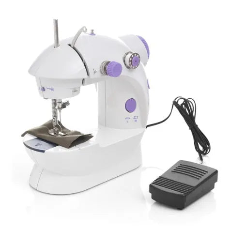 Miniature electric household sewing machine measuring 20 x 15 x 10 cm with straight stitch cylinder