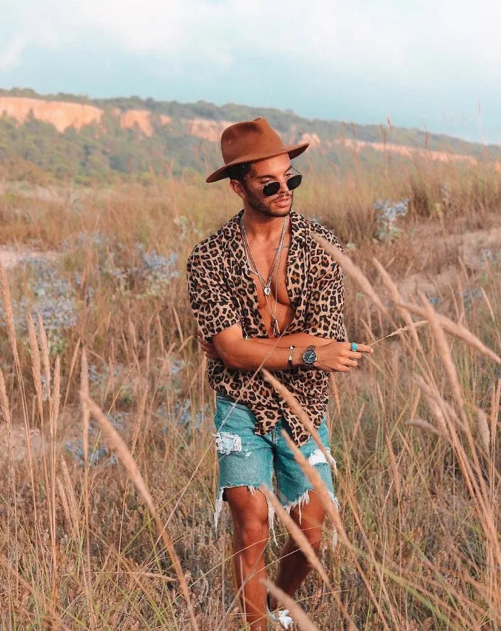 Men's leopard print shirt, 50% polypropylene, iron-free summer top, sizes S to 3XL