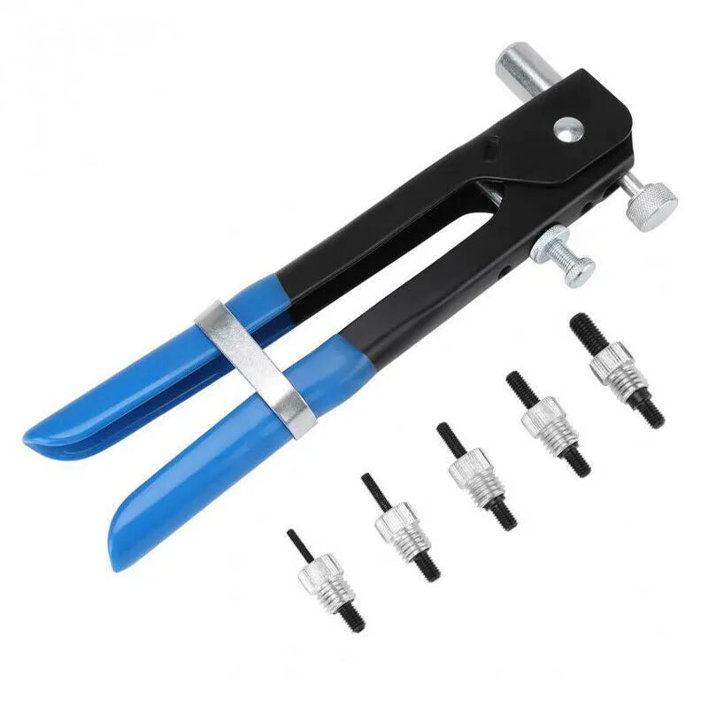 Alloy steel manual riveter nut gun tool kit with a set of interchangeable mandrels on a workbench.