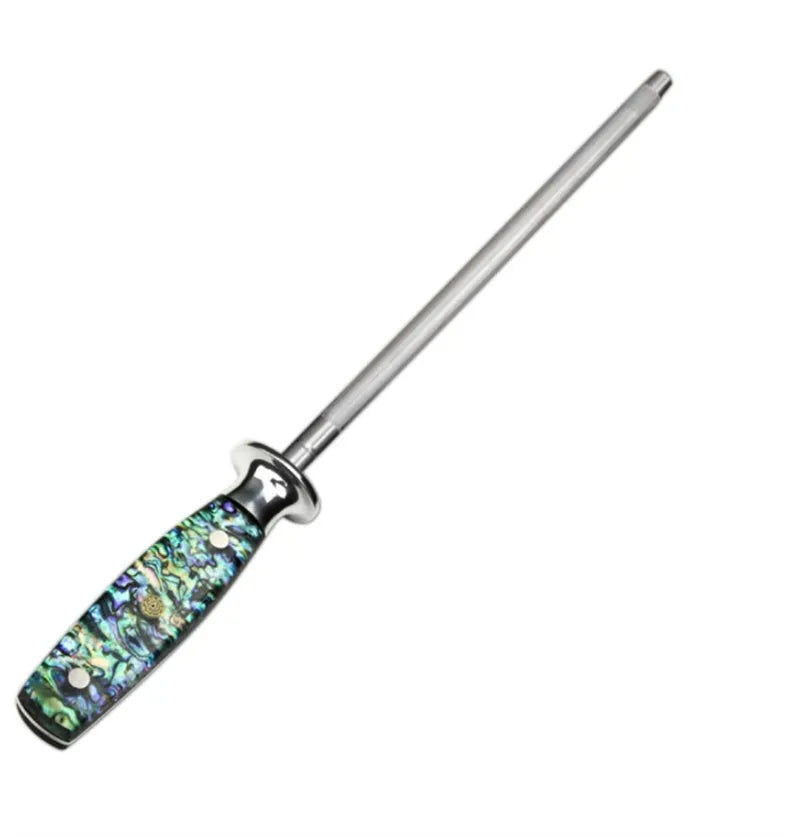 Manual high-carbon steel knife sharpener with abalone shell handle.