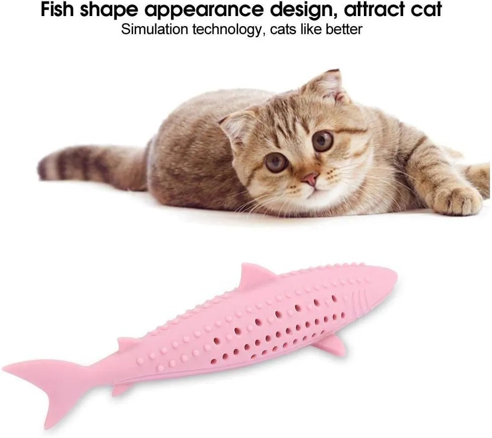 Green fish-shaped silicone chew toy for cats with breathable side holes for dental cleaning and pressure relief