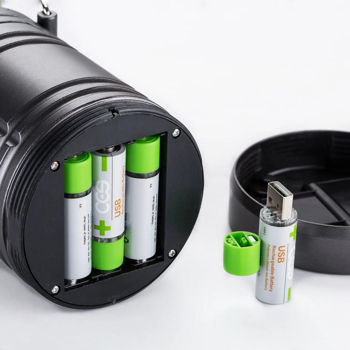 Ces USB fast charge lithium AA battery with silver-green casing, 1.5V constant voltage, 1665mWh capacity, and integrated USB charging port