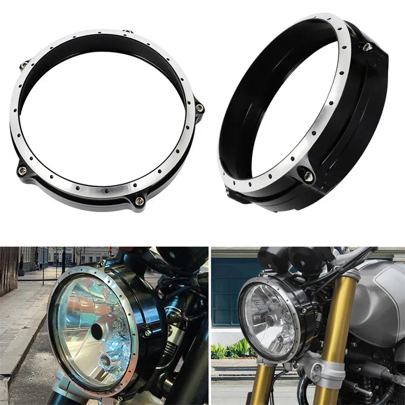 Black CNC aluminium headlight cover frame for BMW R Nine T Scrambler motorcycle