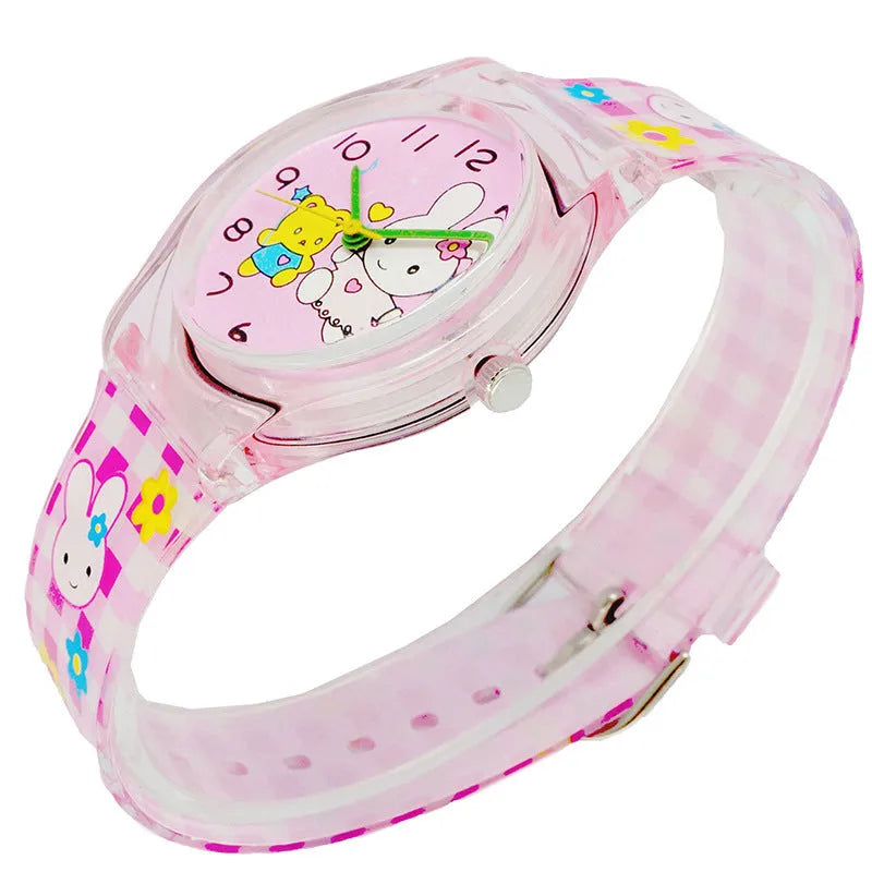 Cute girl quartz watch with animal print dial and pink PVC band on white background