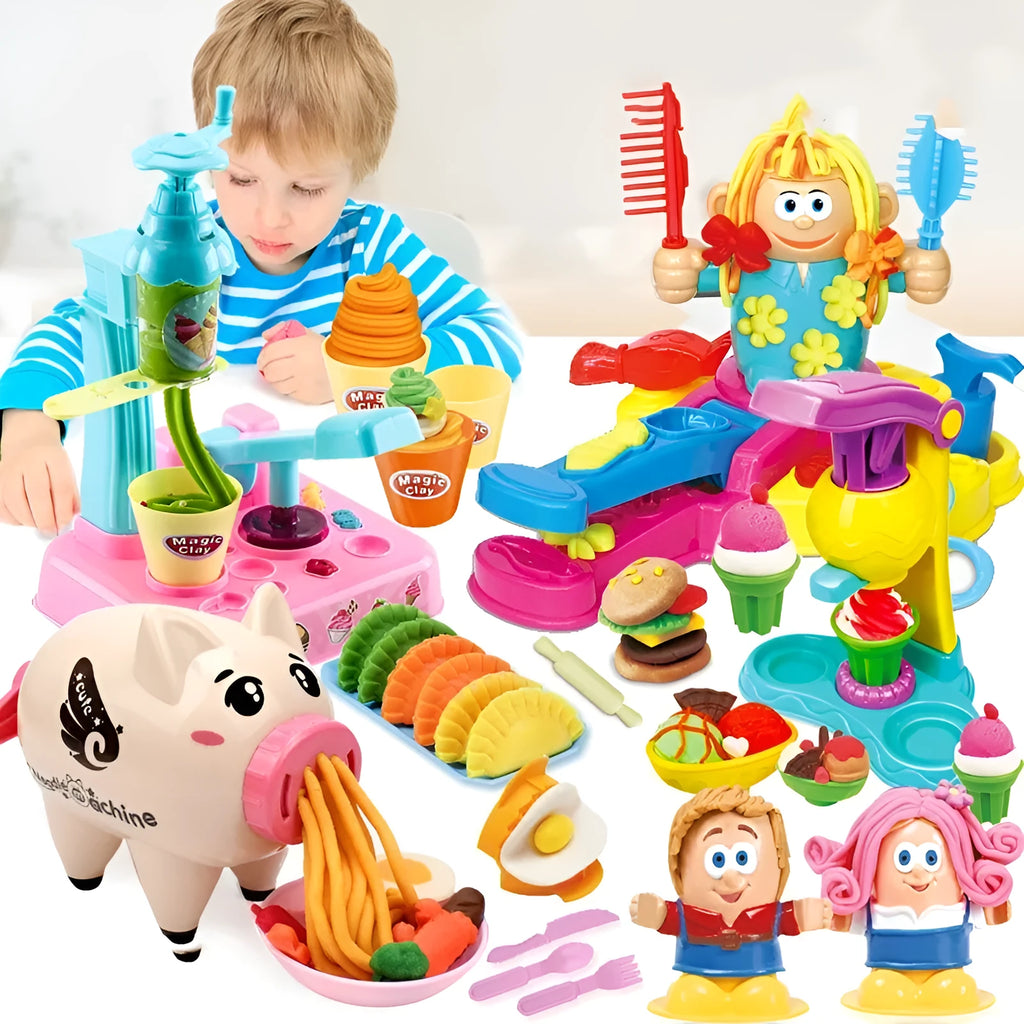 Large DIY kindergarten educational toys colour mud playset with BBQ machine, burger machine, hairstylist, and ice cream box options