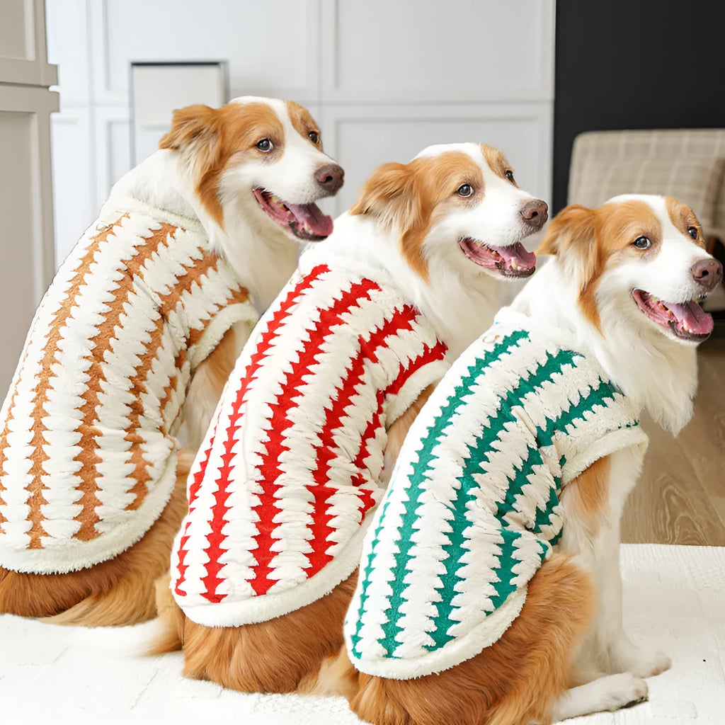 Golden retriever wearing caramel polyester fleece pet clothing with chest sizing from XS to 8XL