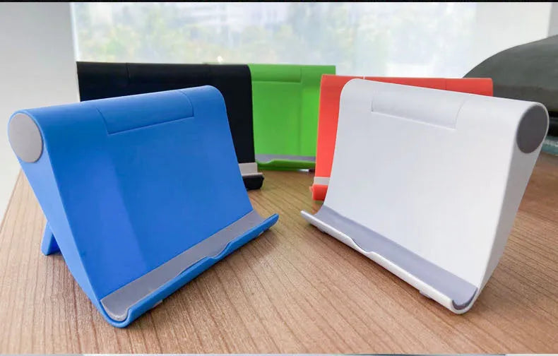 Black PE folding tablet stand holding mobile phone at adjustable angle