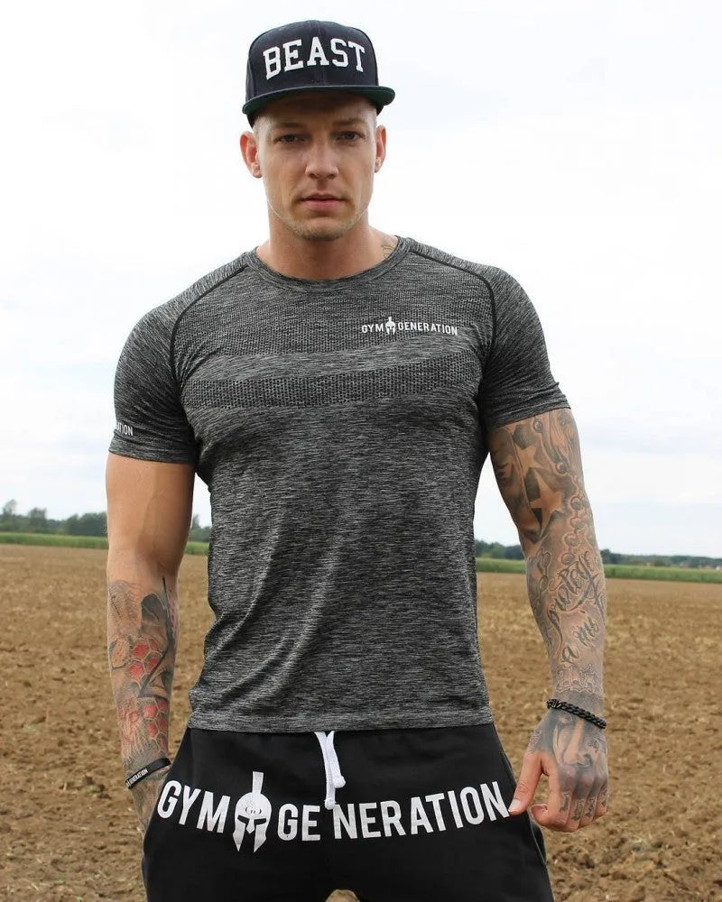 Short sleeve polyester workout top in orange, blue, grey, or light grey, sizes M to XXXL with size chart.