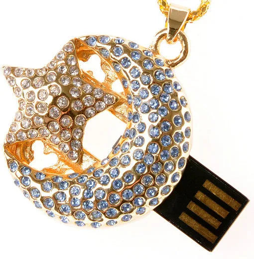 Creative jewellery-inspired metal USB flash drive on a plain background.