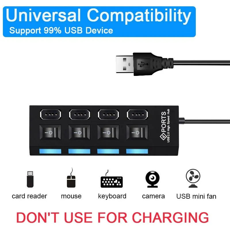 Black and white USB 3.0 hub showing 4-port and 7-port models for laptop computer peripherals.