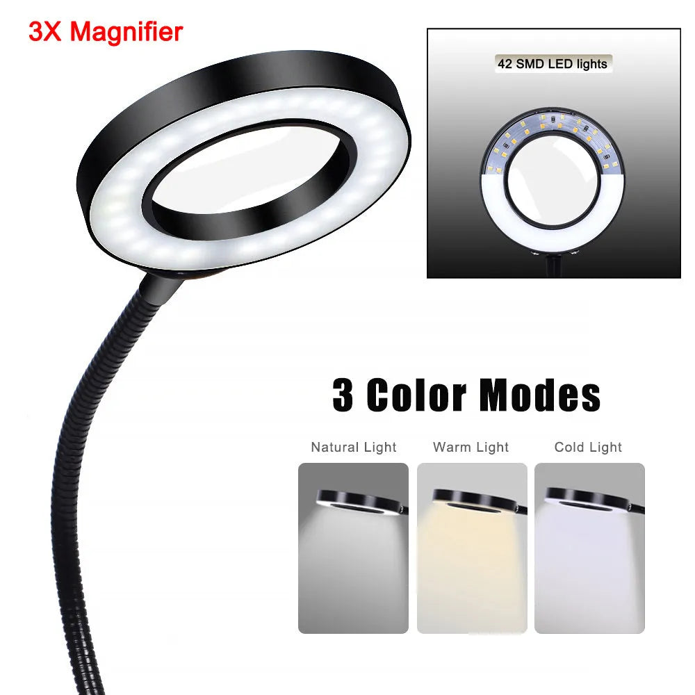 Soldering station LED lamp with 3x magnifying glass on aluminium base, adjustable arm, and 42 SMD LEDs