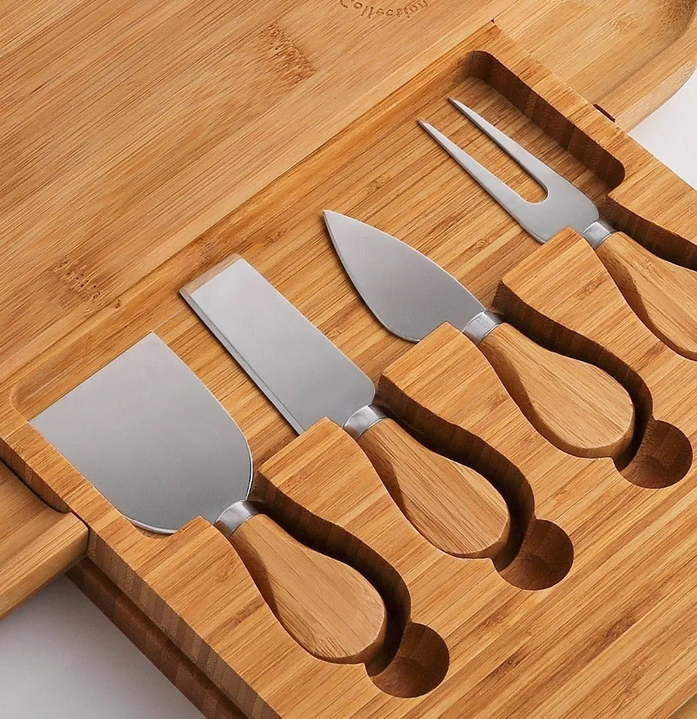 Square bamboo cutting board with knife drawer and natural wood colour finish