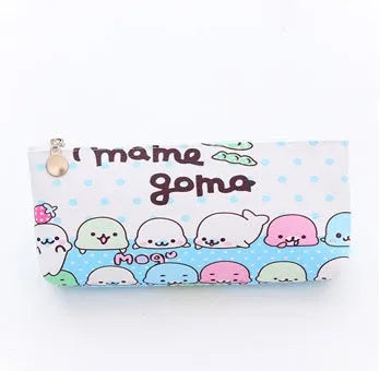 Blue triangular PU leather stationery bag with cartoon face and large zipper.