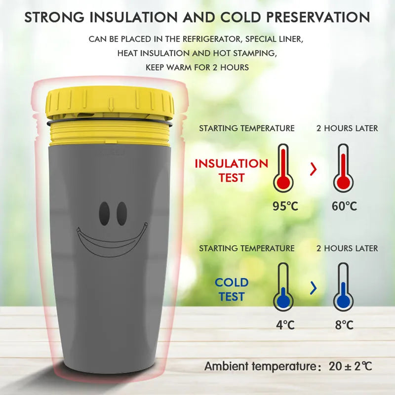 Double-walled insulated travel mug with twist-seal silicone membrane in cartoon design