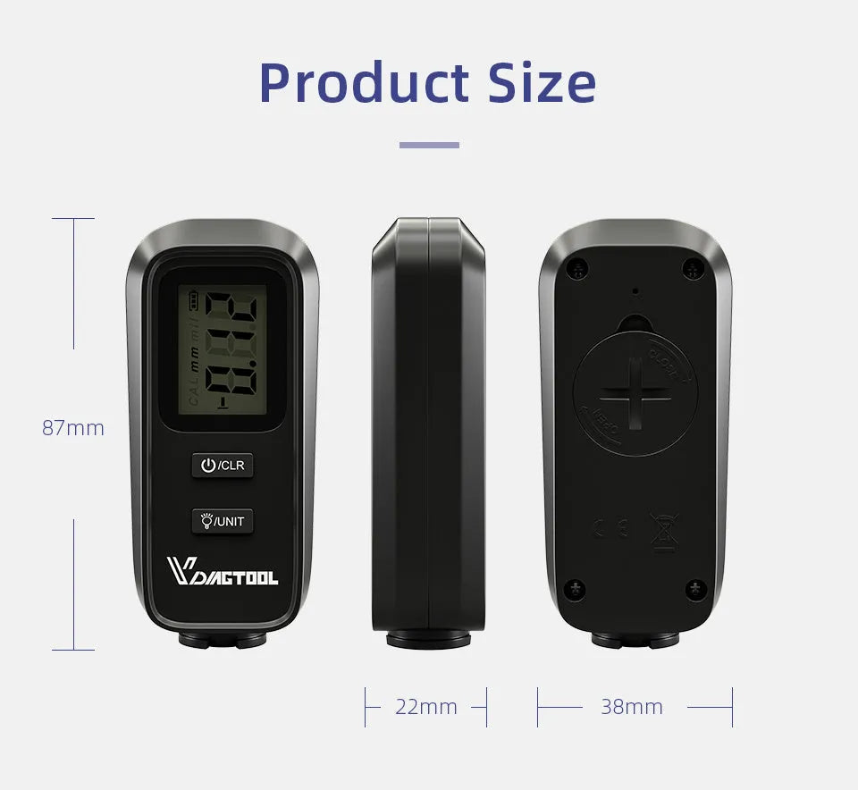 Black plastic automotive paint coating thickness gauge on white background