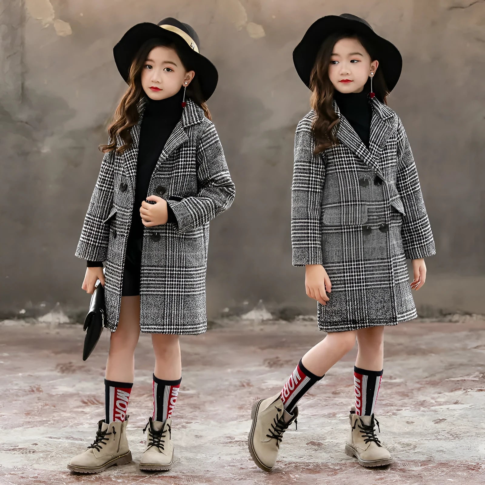 Grey houndstooth check winter coat for girls with a suit collar and long sleeves.
