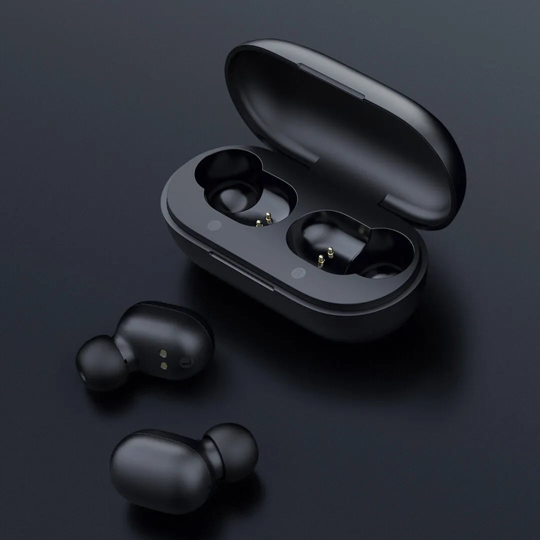 Black true wireless Bluetooth earbuds with bilateral stereo design for hands-free calls and music