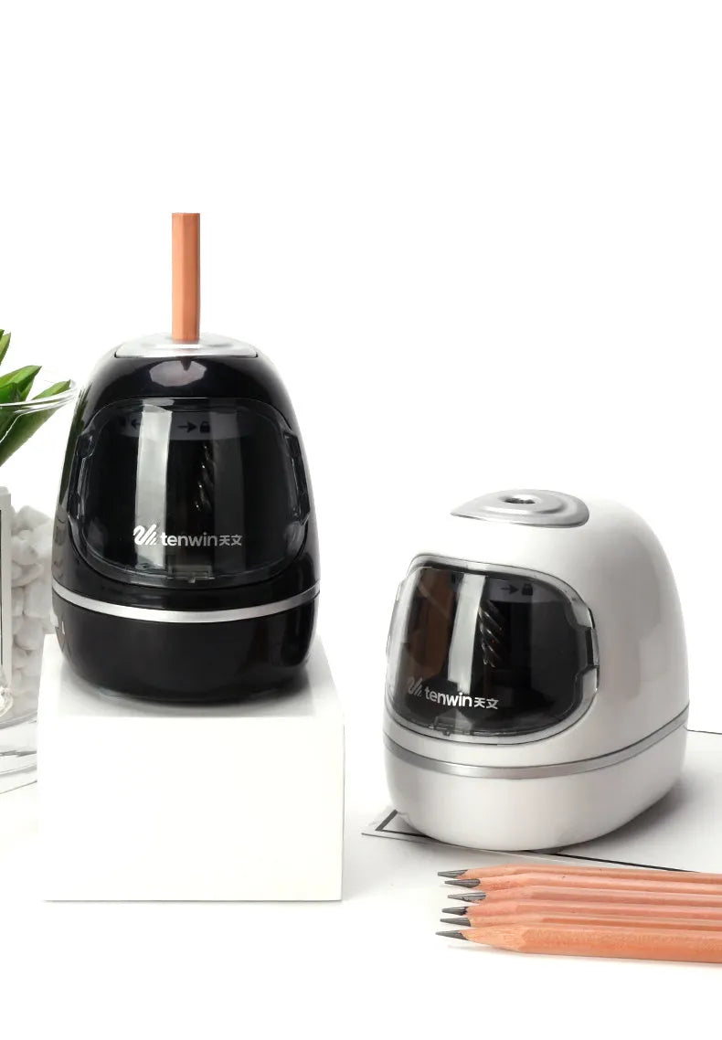 Creative electric pencil sharpener with three-speed control, geometric plastic body in white, 135x93x100mm