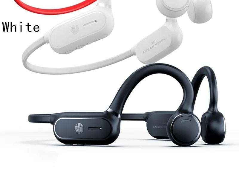 Black air conduction Bluetooth earphone with titanium wire frame shown bent for hanging
