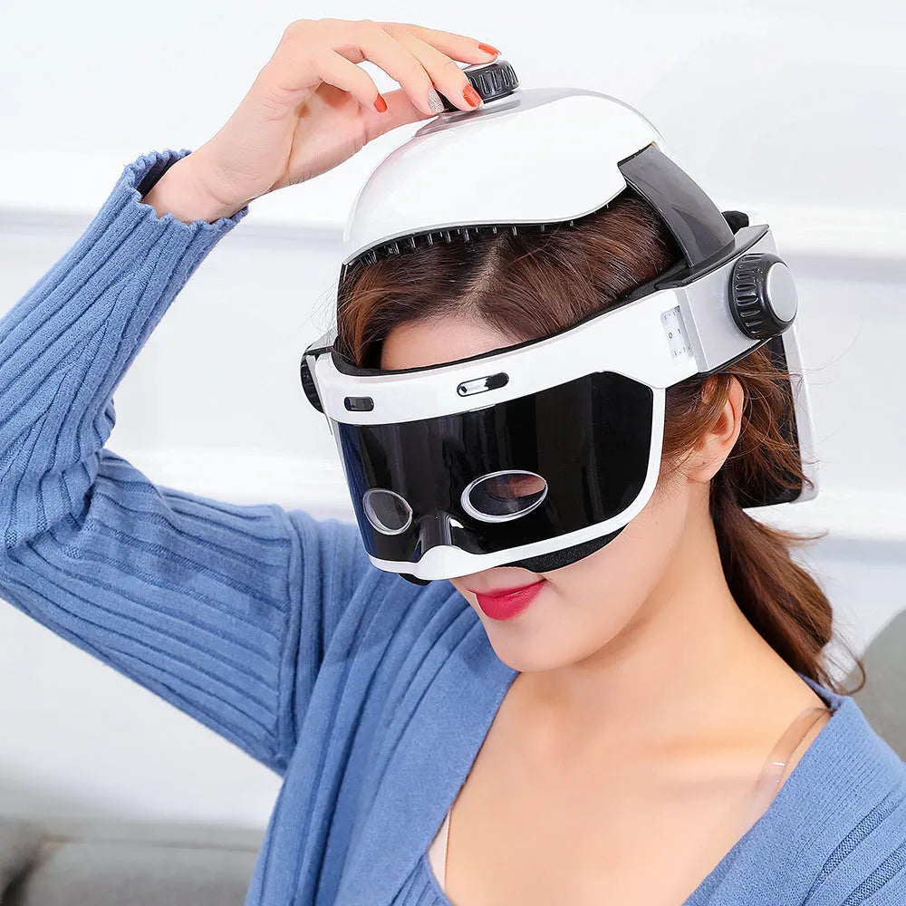 White and black electric eye massager with hot compress, air pressure massage and adjustable size for eye and head massage
