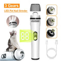 Electric dog nail trimmer with LED display showing speed settings on a grey background.