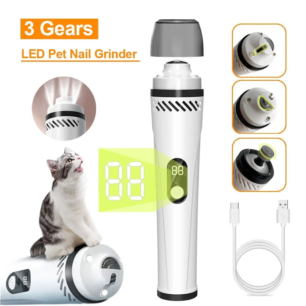Electric dog nail trimmer with LED display showing speed settings on a grey background.