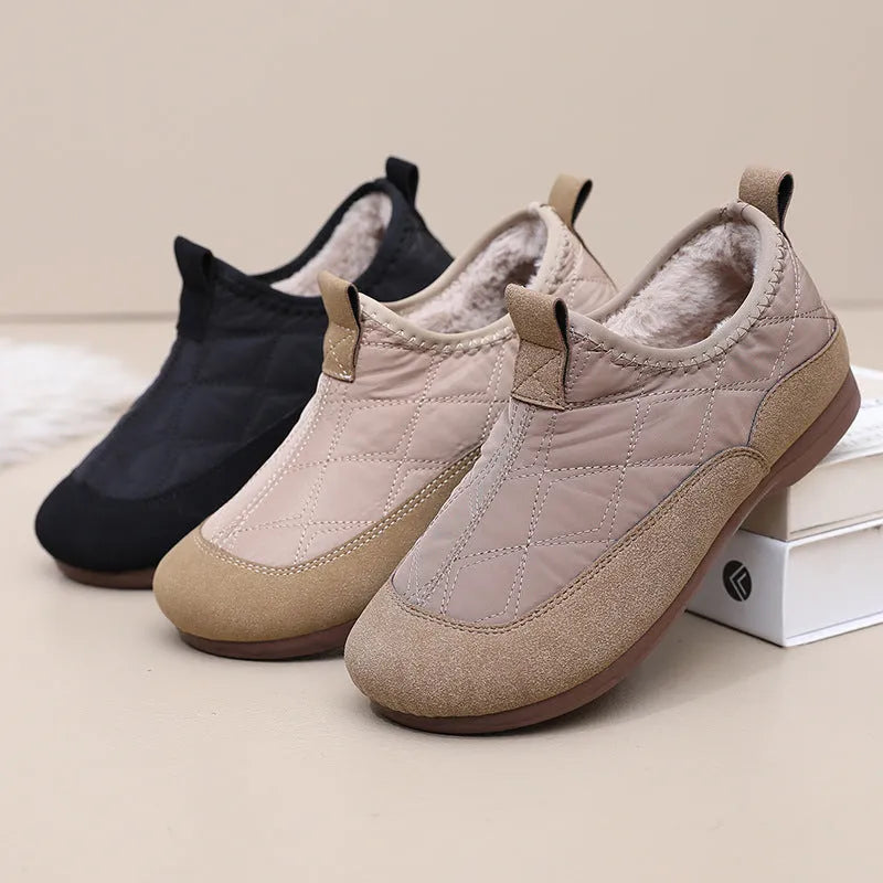 Women's winter cloth shoes in apricot with umbrella cloth upper, flat heel, and velvet soft bottom
