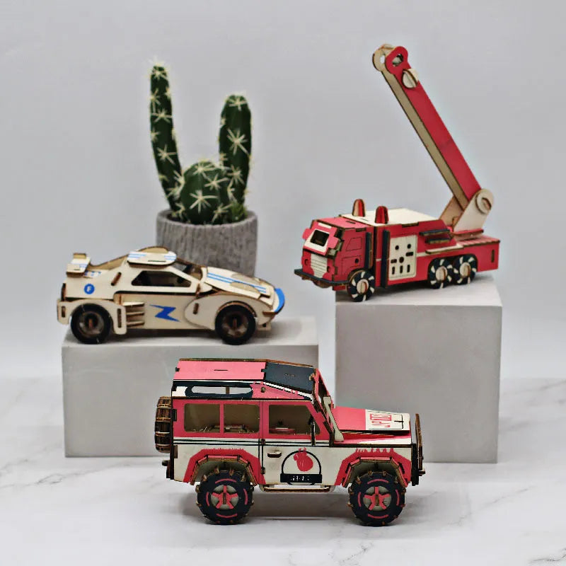 Wooden 3D three-dimensional puzzle DIY model kit in Ferrari, fire truck, Halle and SUV styles