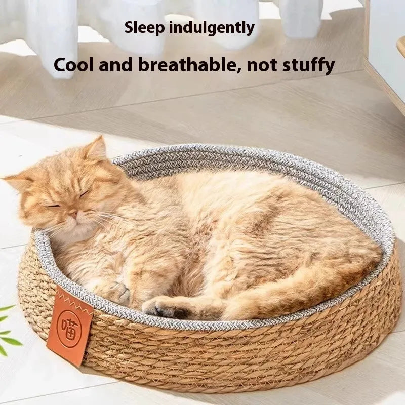 A natural rattan woven cat bed or nest, shown empty, suitable for small, medium, large, or extra-large cats.