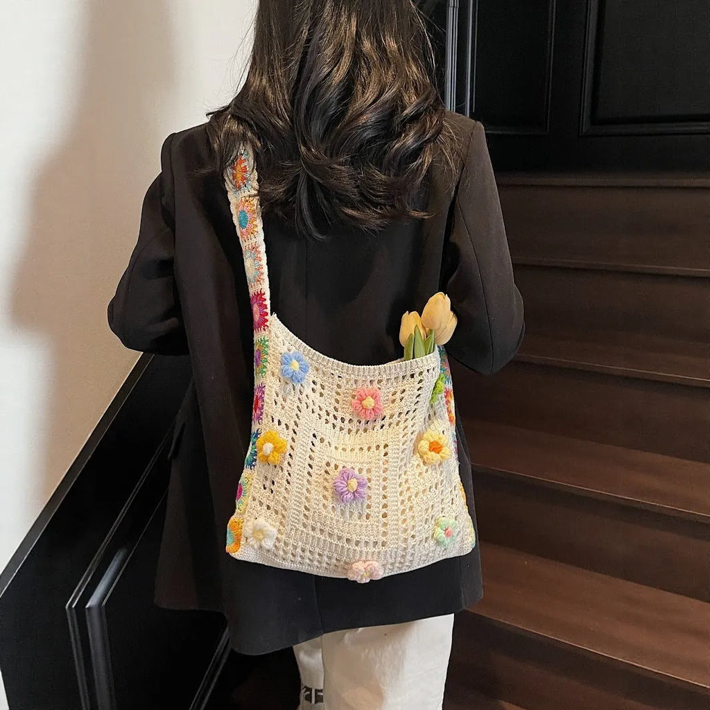 Casual woven hollow knit beach shoulder bag in polyester with large 30cm width capacity