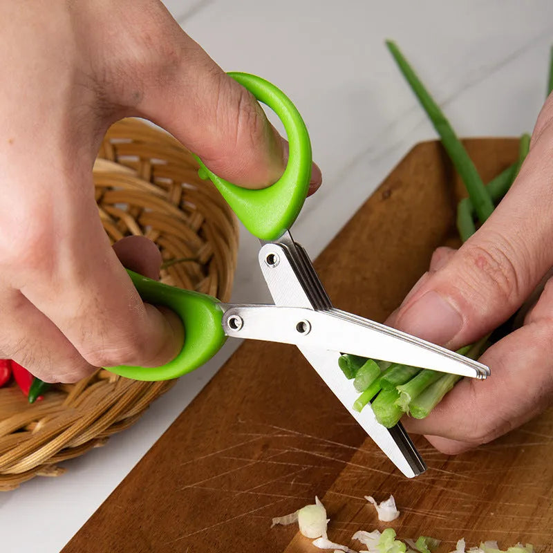 Green stainless steel multi-layer kitchen scissors for cutting onions, herbs and nori