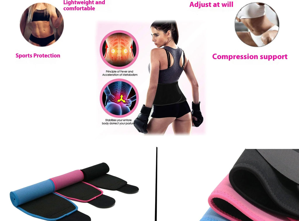 A neoprene hot lumbar support fitness belt in black, blue, or pink colour.