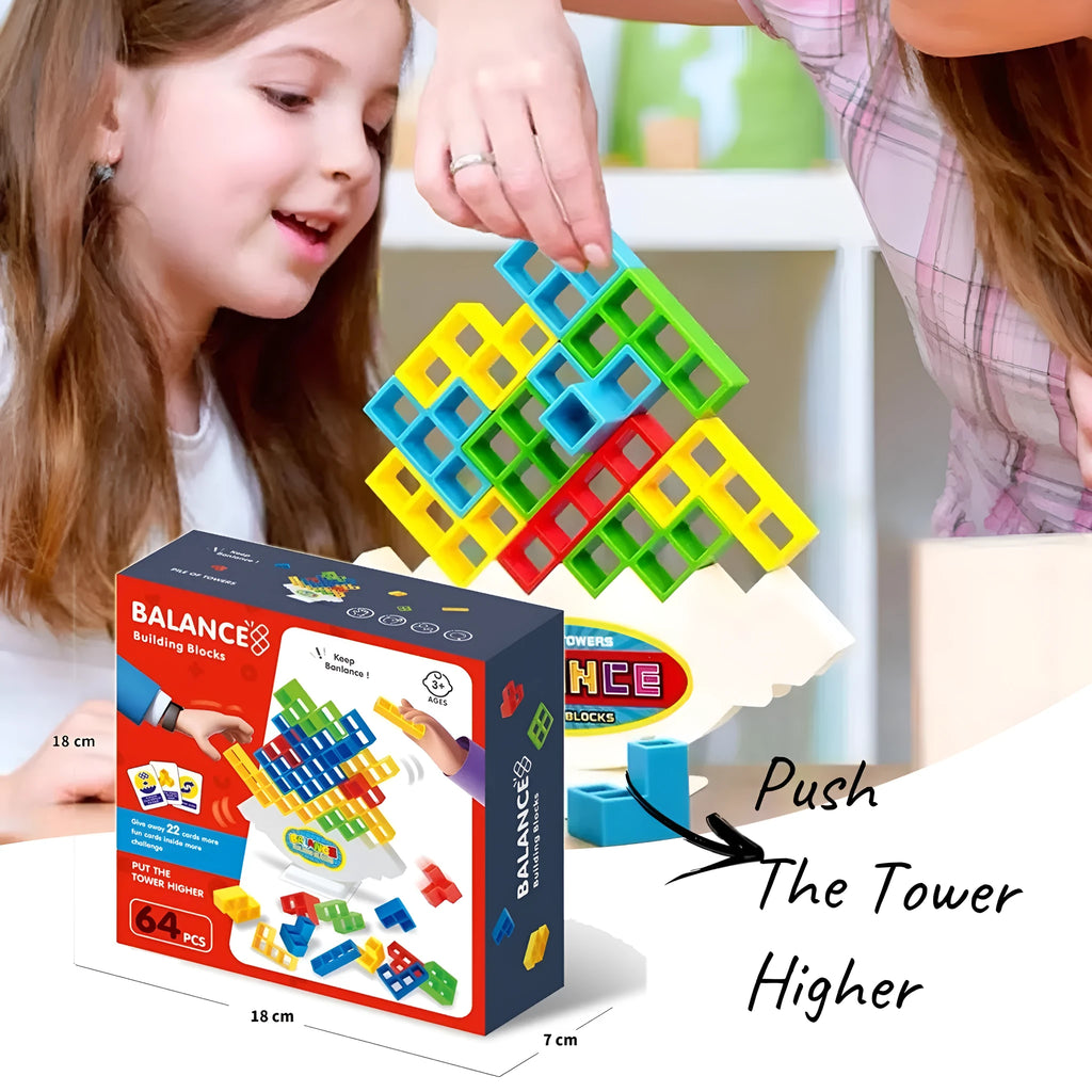 16-piece plastic balance stacking blocks with chassis and base on a table