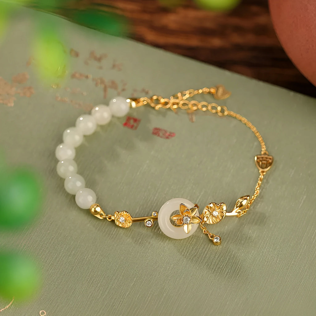 Hetian jade and 925 silver peace buckle bracelet with auspicious patterns in antique retro style