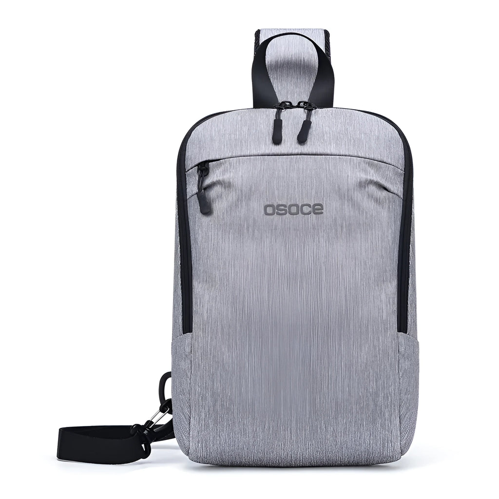 Trendy men's chest bag in polyester embossed finish with zipper and soft handle, 22x9x34cm size
