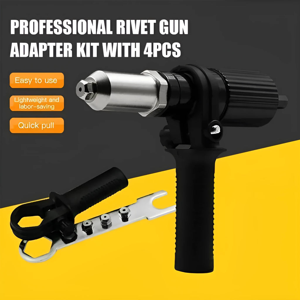 Alloy steel rivet gun adapter kit for electric drills with four rivet heads