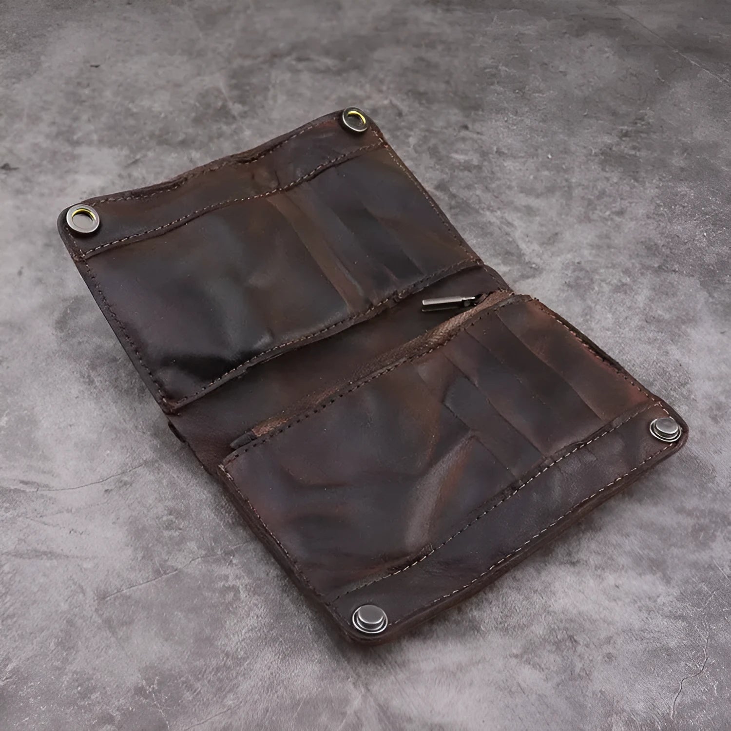 Men's retro style vertical long wallet in genuine cowhide leather showing multiple internal card slots and compartments.