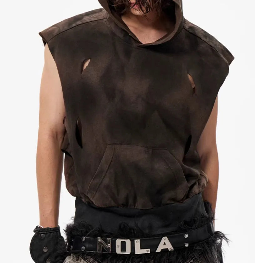 Khaki cotton short sleeve hooded vest with front pouch pocket and oversized streetwear fit