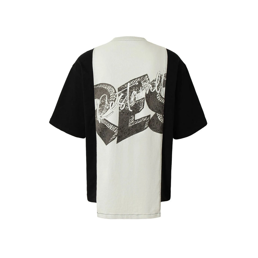 Black and white deconstruction print loose-fit cotton blend T-shirt on a hanger