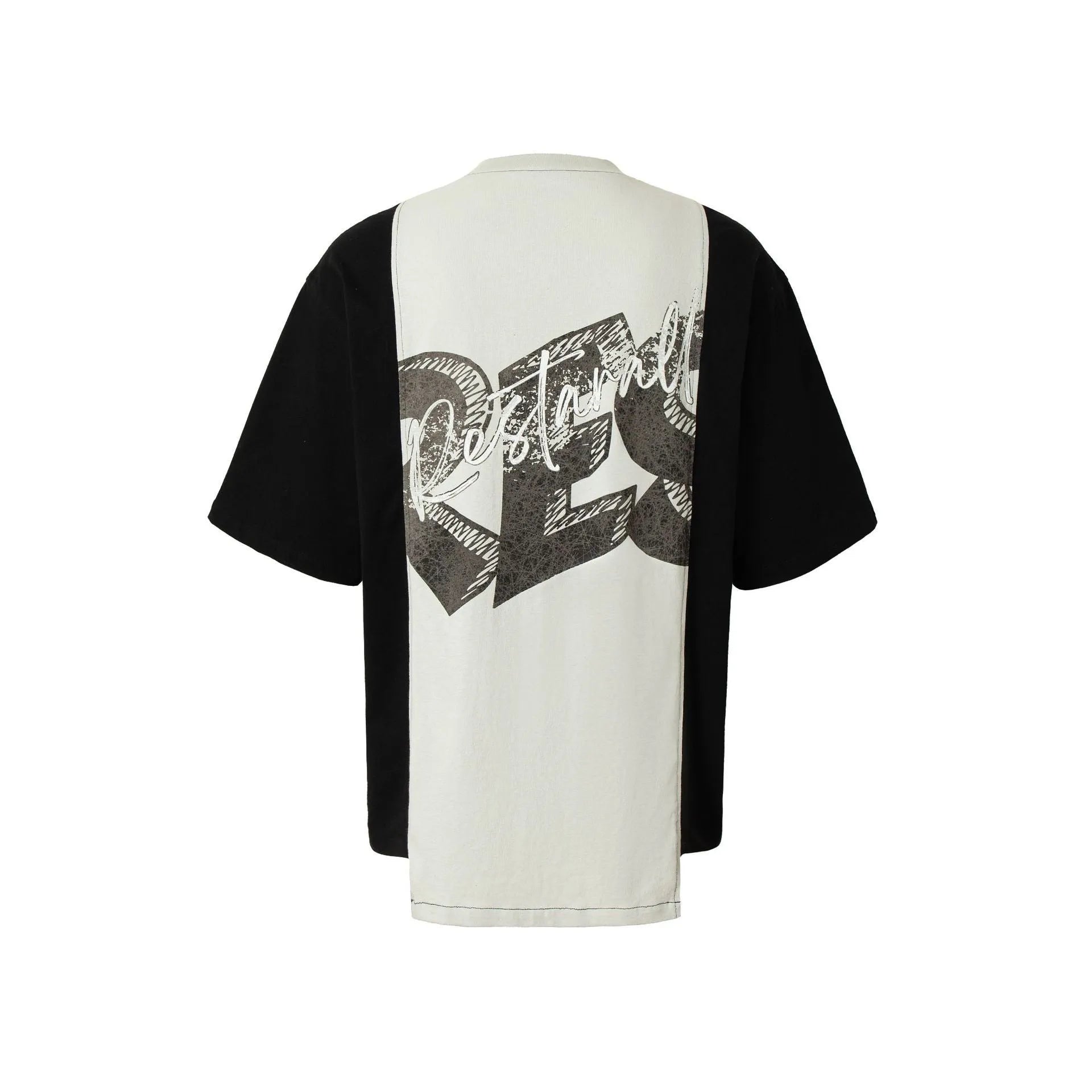 Black and white deconstruction print loose-fit cotton blend T-shirt on a hanger
