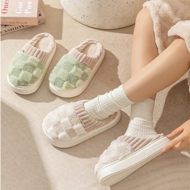 Women's plush indoor slippers in coffee colour with round toe and non-slip PVC sole.