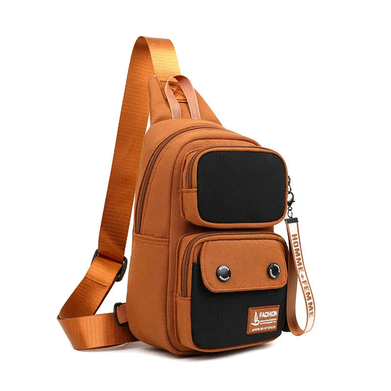 Outdoor crossbody shoulder bag in nylon with contrast colour options and multiple storage compartments