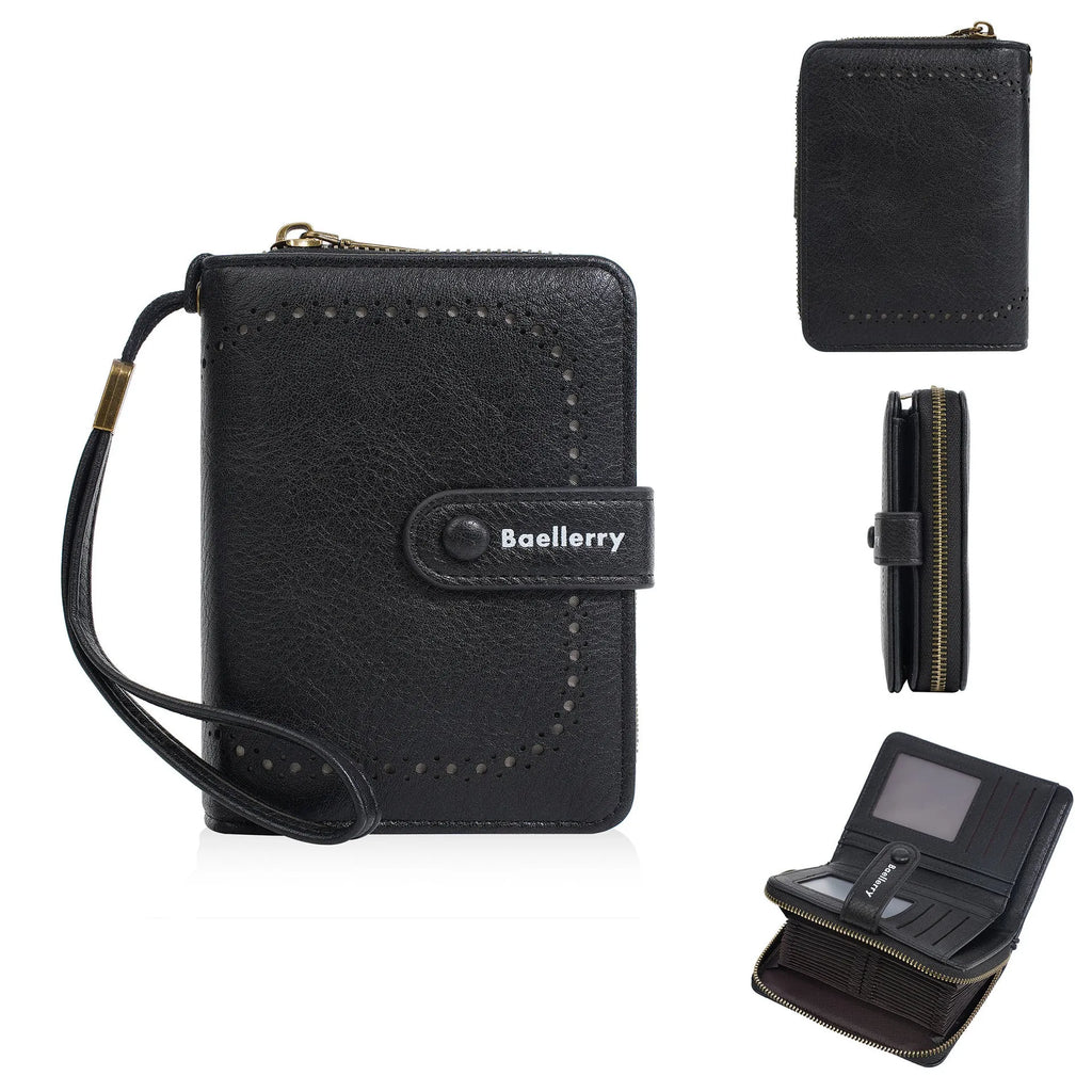 Women's black PU leather coin purse with integrated card storage and silver zipper closure