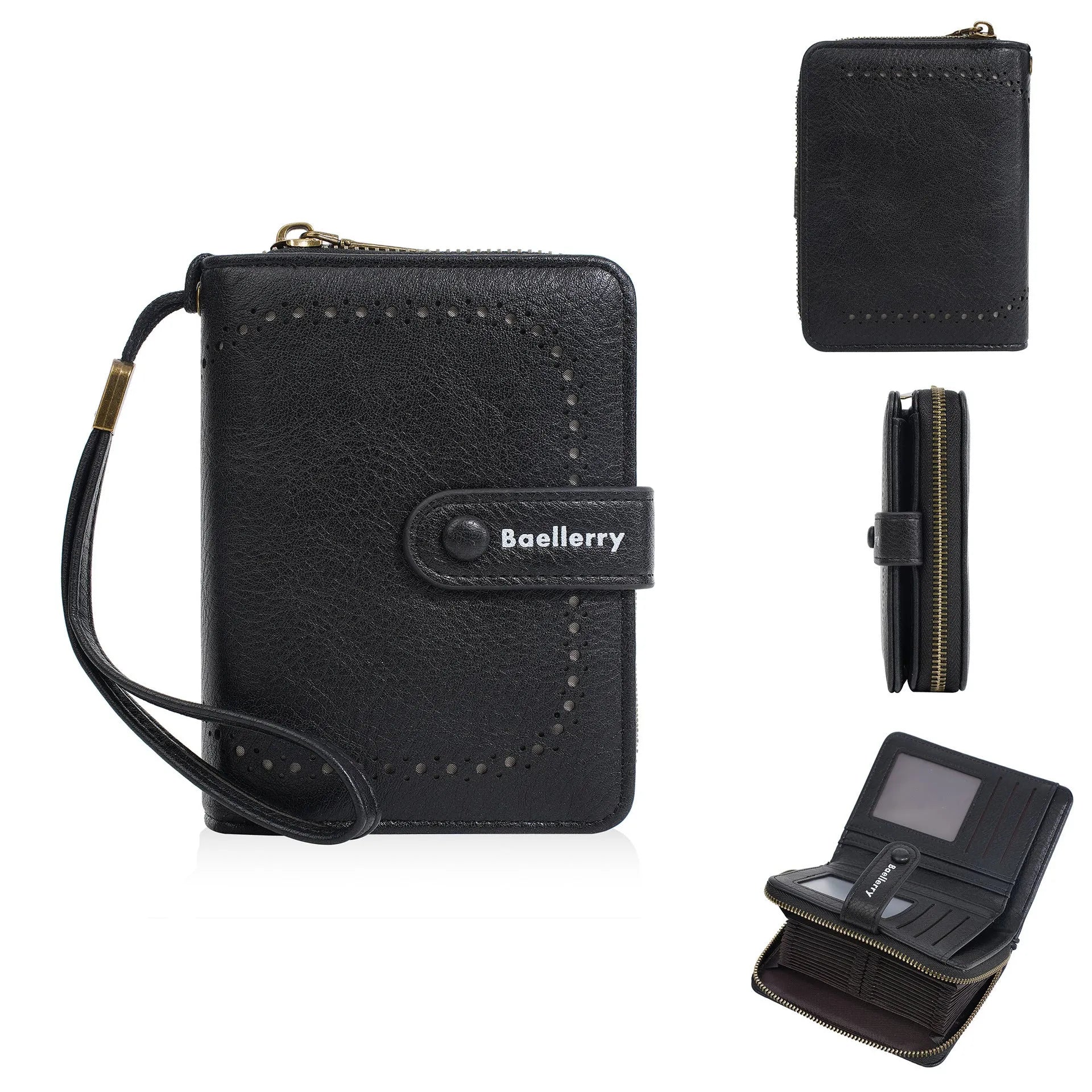 Women's black PU leather coin purse with integrated card storage and silver zipper closure