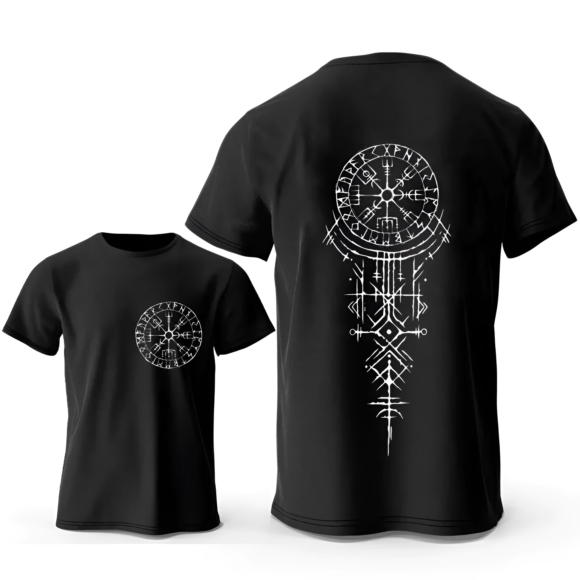 Man wearing a grey t-shirt with a detailed Viking rune compass graphic on the chest.